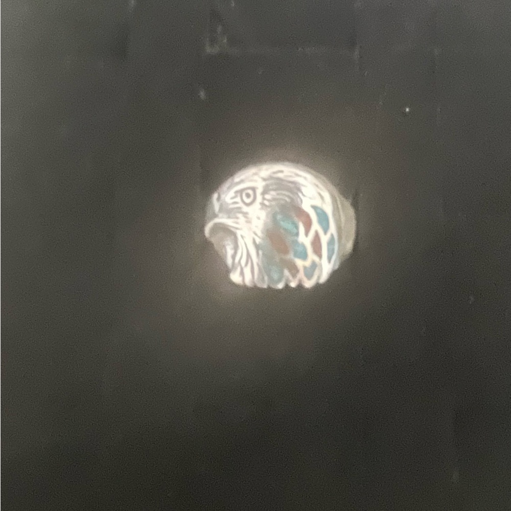 Men’s Eagle Head Sterling Silver Ring with turquoise  and coral inlay Accents